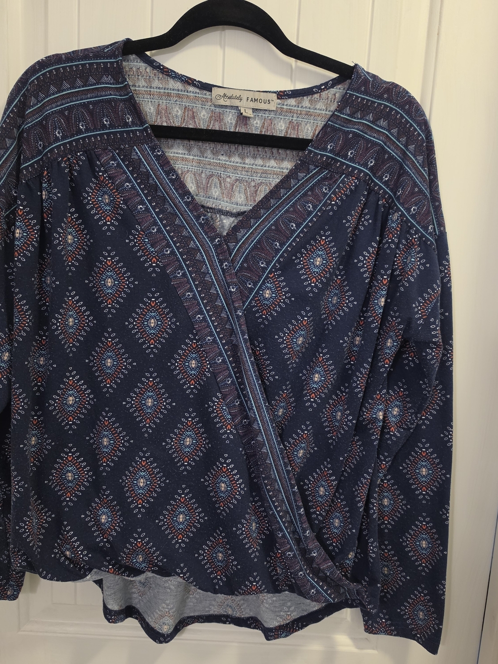 Absolutely Famous Navy Printed Wrap Blouse with Blue & Rust Accents